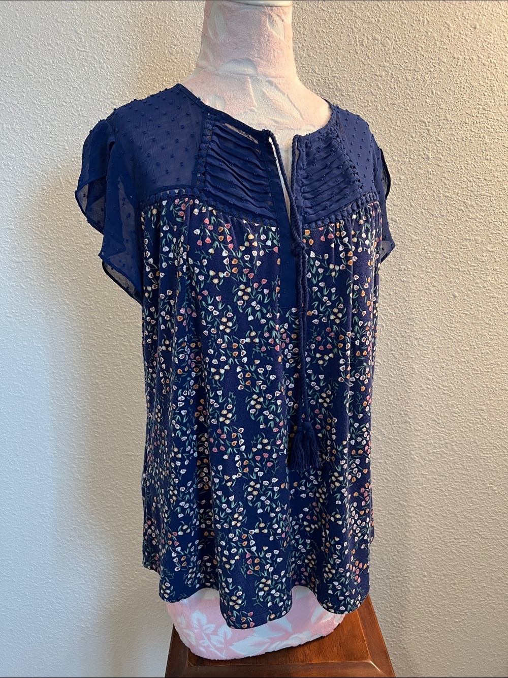 Daniel Rainn Navy Floral Tassel Tie Blouse
